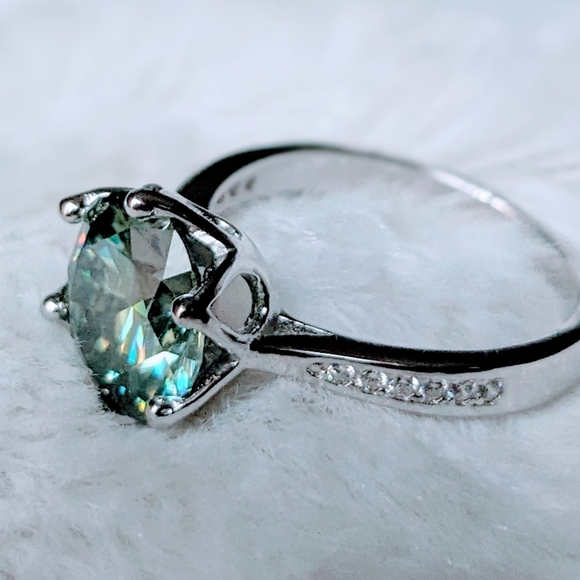 3CT Stunning Authentic Blue Green Moissanite Diamond Alternative Ring, Cathedral - Picture 2 of 13